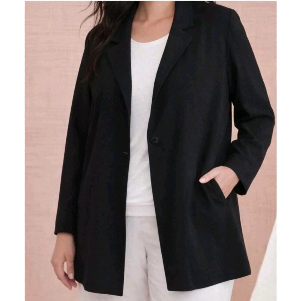 Eileen Fisher Ponte Knit Longer 31" Length 3-Button Jacket Blk XL Front Pockets